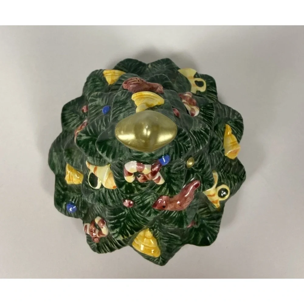 Vtg Earthenware Christmas Tree Cookie Jar w/Lid Home Trends Ceramic Kitchen
